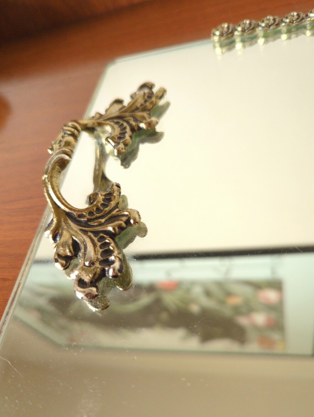 Vintage Rose Filigree Bronze Tone Mirror Vanity Tray